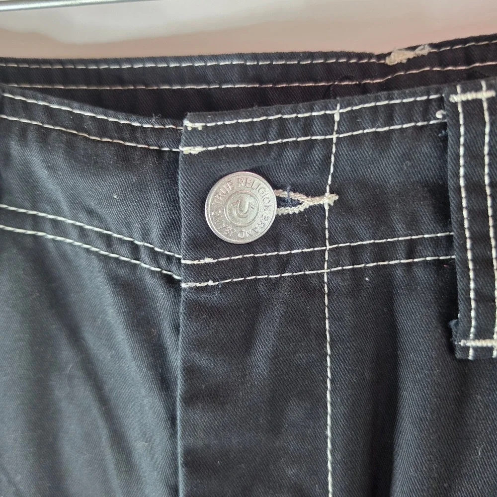 True Religion Mens Baggy Cargo Pants Black White Contrast Stitch Size 36 Y2K